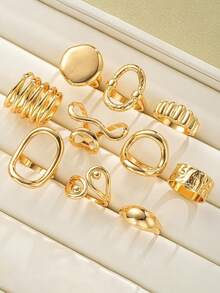 10pcs/Set Vintage Rings, Fashionable & Versatile Asymmetrical Geometric Line Lava Stone Ring Set - Gold - View 4