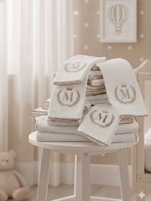 Set Of 10 Personalized Embroidered Diapers With Baby's Initial (5 Shoulder + 5 Burp Cloths), 100% Cotton, Boy/Girl, Hypoallergenic, Soft - Màu nâu  Mocha - Xem 8