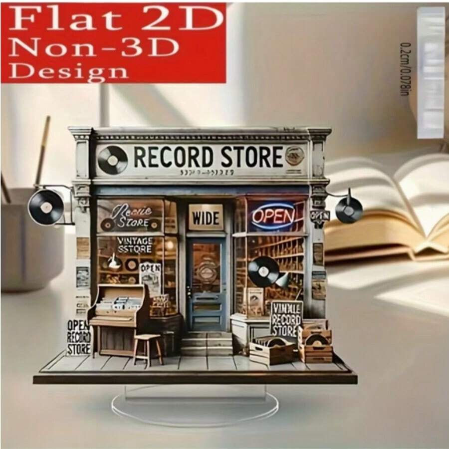 Décoration de bureau en acrylique rétro de magasin de disques vinyle, affichage charmant de boutique de musique vintage avec disques vinyle et platine, cadeau parfait pour le salon, la chambre, le bureau - Saint-Valentin, Fête des Mères, pendaison de crémaillère et Nouvel An, décoration de salle de musique - Multicolore - Voir 1