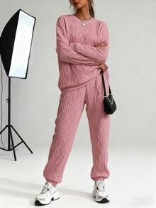 New Autumn And Winter Solid Color Woven Casual Loose Women's Sweater Suit, Women's Casual Polyester Fiber Round Neck Long Sleeve Sweater Pants Suit, Solid Color Fabric, All Season Casual Wear,Cable Knit Two-Piece Set: Hoodie & Joggers, Retro Texture For Cozy Daily Wear,Relaxed Cable Knit Outfit: Soft Fabric, Matching Design, Versatile For Casual/Chill - 粉色 - 查看 5