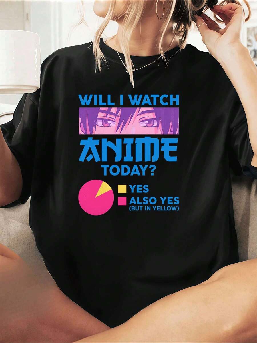 L?ssiges Damen-T-Shirt mit Anime-Grafikprint, Premium-Baumwolle, bequeme Passform, Streetwear- und Hip-Hop-Stil, einzigartiger Grafikprint - Schwarz - Übersicht 1