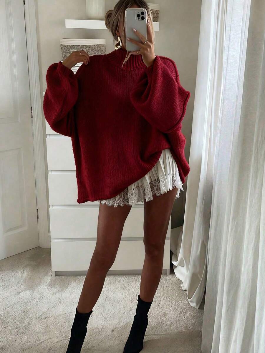 2026秋冬新款女装时尚街头风休闲宽松高领针织套头毛衣，适合返校、情人节、新年、圣诞节、约会之夜等场合，韩版风格，秋季必备，适合端庄女性、派对女性、Y2K女性、外出上衣、音乐会女性、约会之夜女性、新年、冬季女装、沙特国庆日、时尚、乡村风格。 - 酒紅色 - 查看 1