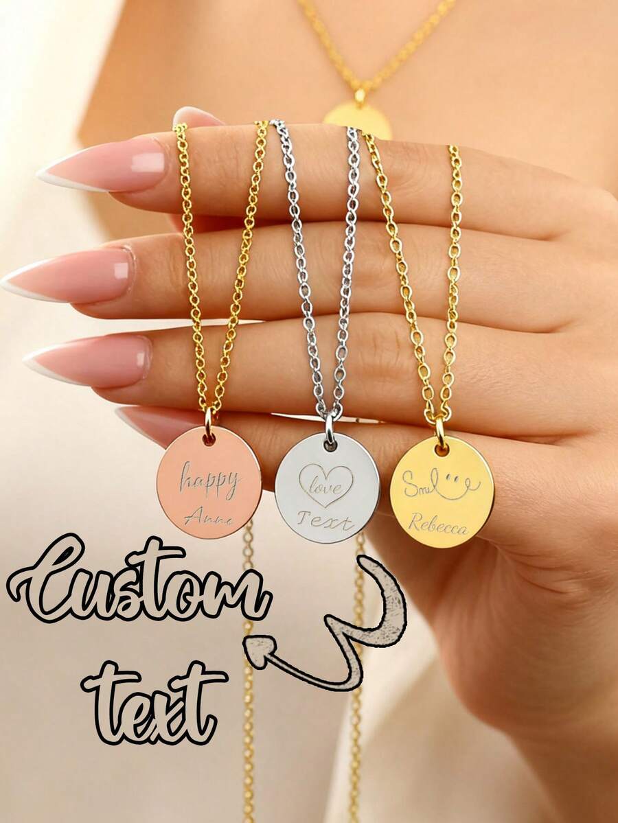 1 Pc Customized Text Necklaces, Patterned Text Personalized Necklaces, Customized Necklace Gift. Personalized Gift, Fashion, Simple, Unisex, Custom Text Round Necklace, Made Of Stainless Steel. Suitable For Everyday Life, Business, Banquets, Parties - Multicolor - View 1