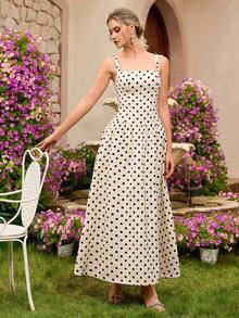 Elegant Polka Dot Wide Strap Square Neck High Waist Backless Tie Waist Mid-Length A-Line Dress, Suitable For Balls, Birthday Parties, Galas, Homecoming, Wedding Guest, Cocktail Parties, Family Gatherings And Other Occasions - Apricot - View 8