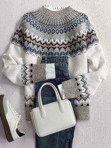 女士秋冬时尚舒适几何费尔岛图案圆领宽松针织套头毛衣