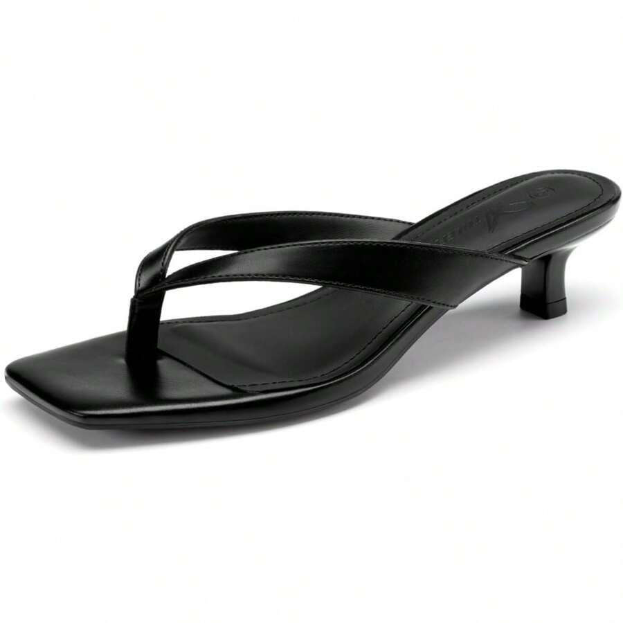Women's Kitten Heels Flip Flops Square Toe Low Heels Slip On Comfortable Summer Thong Heeled Sandals  The Wide Straps Of These Flip-Flop Heels Fit The Foot Shape Better, And The V-Shaped Instep Flatters The Leg Shape, Creating A Modern And Attractive Silhouette For Every Look - 黑色 - 查看 1