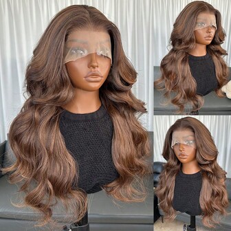 Braune 13x4 Kanekalon Futura Haar Synthetische Lace Front Perücken für Frauen 22 Zoll lange Welle Klebefrei Kanekalon Haar Beständige Synthetische Haar Perücken Freier Teil 150% Dichte für Frauen Alltag Party Urlaub Anfänger Verwendung Natürlich aussehende Perücken Sofort tragbar HD Klebefrei Spitze Synthetische Perücken Hitzebeständige Faser Haar Perücken für Mode Frauen Alltag Party Festival Anfänger Verwendung