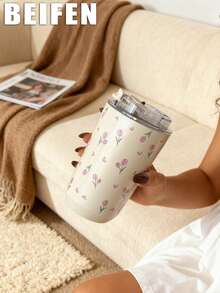 1个280毫升-380毫升双层不锈钢真空保温杯，保温杯，水瓶，咖啡杯，可重复使用，适用于健身房、办公室、家庭、户外、旅行，也是节日礼物、毕业典礼、返校季、母亲节的理想之选，粉色郁金香图案 - 彩色 - 查看 4