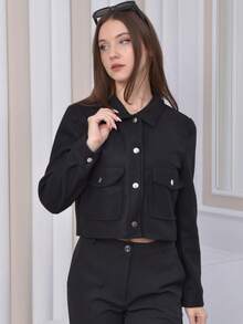 TRAFZA 女式秋季夹克，时尚立领纽扣前口袋长袖外套，优雅女士休闲夹克 - 黑色 - 查看 2