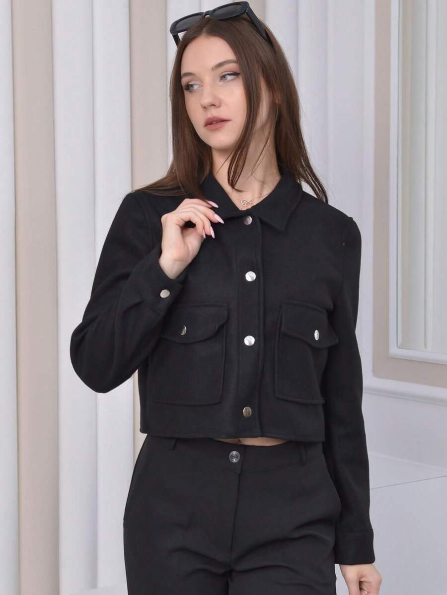 TRAFZA 女式秋季夹克，时尚立领纽扣前口袋长袖外套，优雅女士休闲夹克