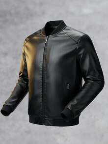 AHTELB 男士酷炫英伦风皮夹克，复古立领休闲摩托车皮衣，送给朋友、丈夫、男友的礼物 - 黑色 - 查看 3