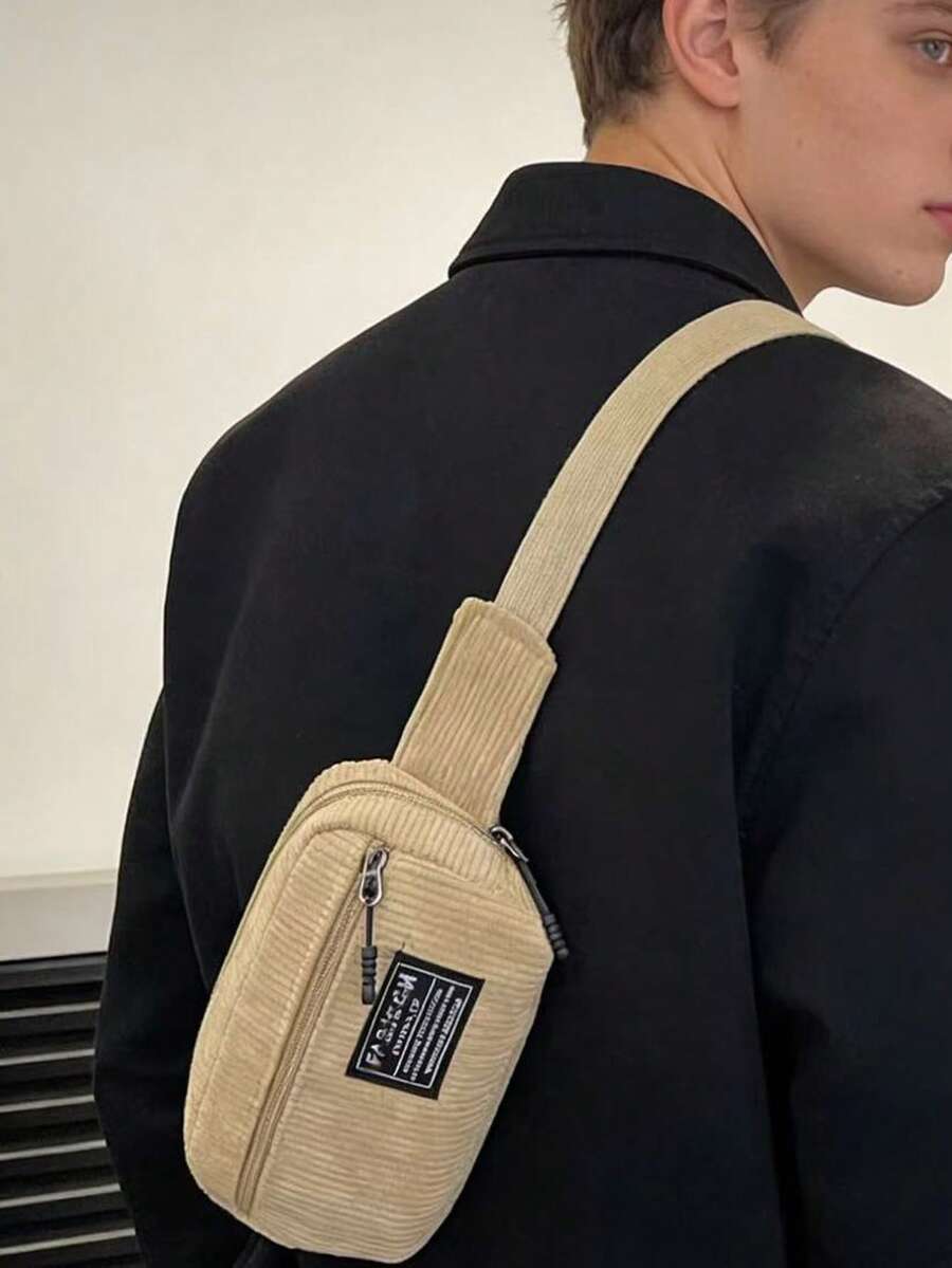 Túi đeo ngực mini vải nhung kẻ trơn màu thời trang đa năng thể thao tối giản thường ngày dành cho nam - Màu Khaki - Xem 1