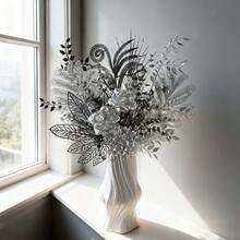 1set/5PCS Modern Monochromatic Large Bouquet: Black & Silver Artificial Roses With Silver Dollar Eucalyptus, Statement Centerpiece For Fireplace Mantel, Dining Table, And Contemporary Christmas Decor - Black - View 9