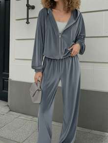 Plus Size Women 2 Piece Set, Solid Color Hooded Zip-Up Long Sleeve Sweatshirt/Jacket + Wide Leg Pants, Casual Loose Plus Size 2 Piece Outfit, Plus Size Winter Clothing, New Year Women Apparel - Grey - View 5