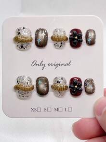 10片棕色按压式美甲贴片，短款方形和椭圆形法式美甲，手工制作，饰有闪粉和花朵，人造全覆盖甲片，适合女性和女孩，手工美甲配件 - 彩色 - 查看 4