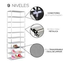 Estante Organizador para Zapatos de 9 Niveles | Acero Inoxidable | Almacenamiento de Calzado | Tela Impermeable | Zapatero Armable para 27 Pares - Negro - Ver 5