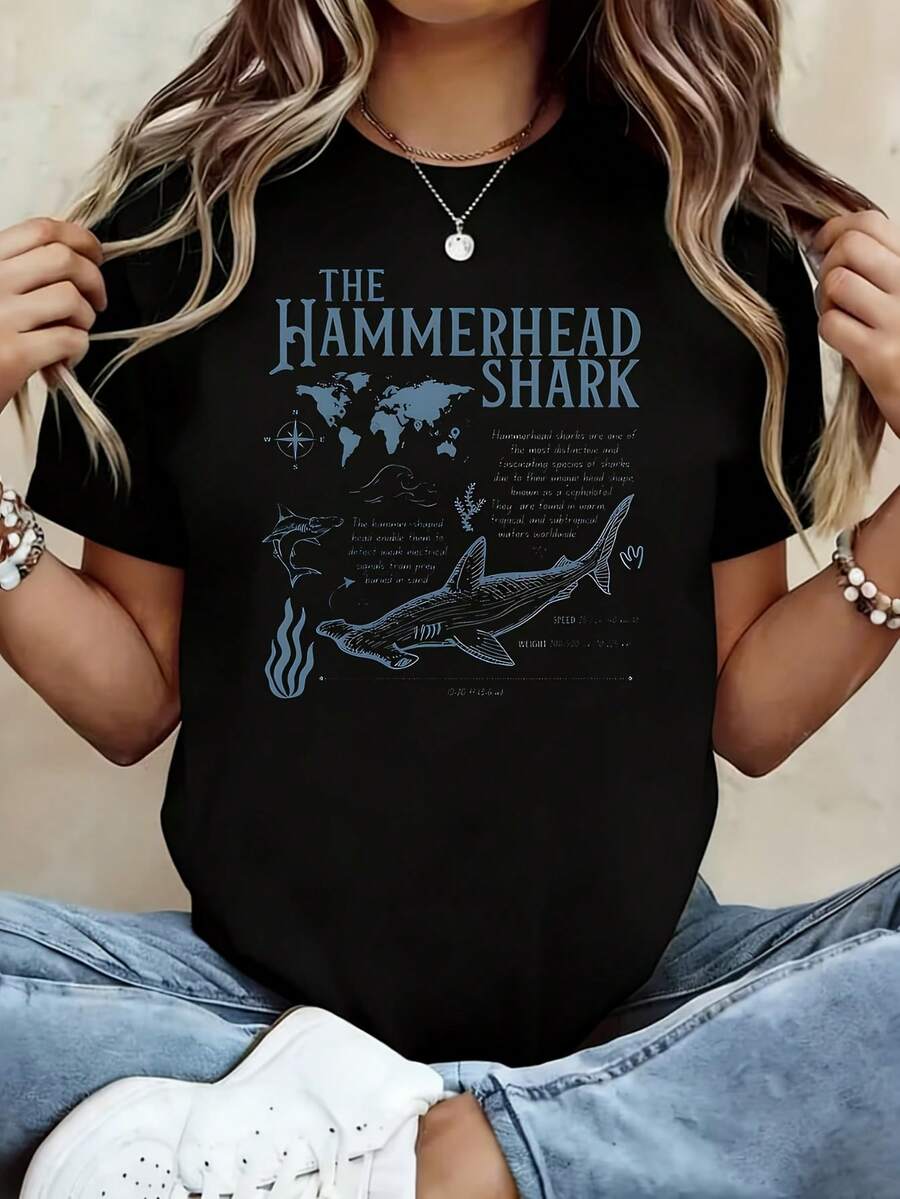 Hammerhead Shark 1 Women's T-Shirt Casual Shirt 220g Funny Graphic Short Sleeve 1 Pcs Tee Novelty Crew Neck Oversized Top 100% Cotton - 黑色 - 查看 1