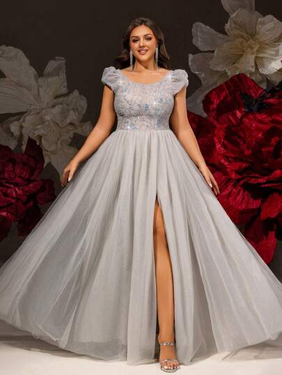  VIPGIRL New Silver Mesh & Sequin Patchwork Elegant High-End Design Plus Size Women Formal Evening Gown