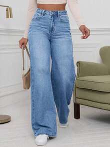 少女款弹力腰宽松水洗阔腿裤，日常百搭 - 中等水洗藍 - 查看 1