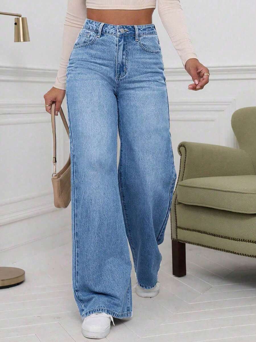 少女款弹力腰宽松水洗阔腿裤，日常百搭 - 中等水洗藍 - 查看 1