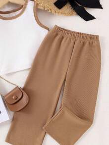 2pcs Solid & Contrast Color Cream White Young Girl Casual Minimalist Round Neck Tank Top And Pants Set, Suitable For Outdoor Picnics, Outings, Street Photography, Home, And Campus, Creating A Relaxed And Cozy Atmosphere - White - View 2