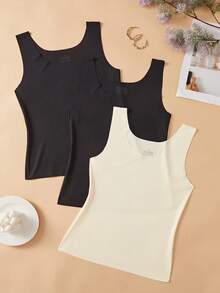 3PCS Women Cool Striped Solid Camisoles, Sleeveless Round Neck, Wide Straps, Unlined, Stylish Outerwear Comfy Casual Backless Base Underwear - Multicolor - View 4