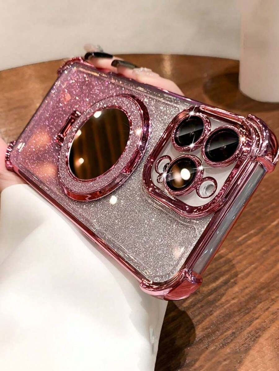 奢华电镀闪粉透明镜面支架手机壳，兼容 17 Air 16 E 15 14 Plus 13 12 11 16 Pro，镜头保护防震保护套 - 粉色 - 查看 1