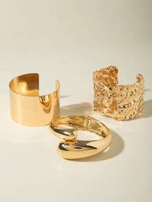 3pcs Set Minimalist Chic Metal Smooth Geometric Open Bangle Bracelet Set, Unique Gift For Women Suitable For Music Festivals And Parties - 31667-bra-g-eP - View 6