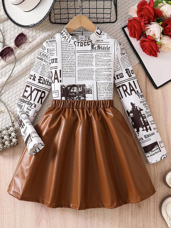 2pcs Tween Girl Casual & Comfortable Spring/Autumn Outfit Set, English Letter & Photo All-Over Print Stand Collar Long Sleeve Top & Skirt, Outdoor Stylish & Casual Wear