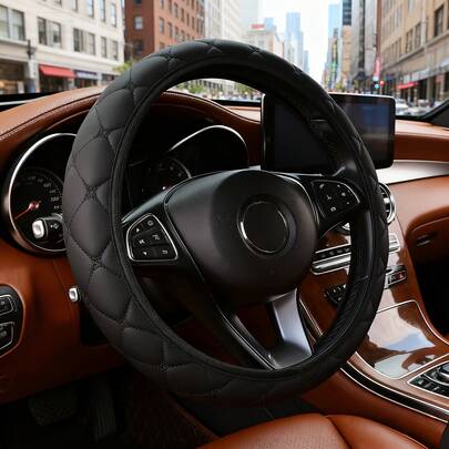 15" Steering Wheel Cover For & SUVs - PU Leather Non-Slip Grip, No Inner Ring Easy Install, Black/Red/White/Blue/Pink/Beige//Brown - Fits 38cm/15" O-Type/D-Type Steering Wheels (Steering Wheel)