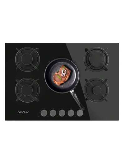 Cecotec Plaque de Cuisson à Gaz Bolero -SQUAD- G 5200S Verre Noir - 5 feux avec finition en verre noir élégant et grilles individuelles en fonte pour une durabilité exceptionnelle. Profitez d'une puissance maximale de 11kW avec un brûleur Wok de 3,5kW pour une cuisson intense et savoureuse. Allumage électronique intégré pour une utilisation simple et rapide.  assurée grâce au système de coupure automatique du gaz en cas d'extinction de la flamme. Adaptable au GLP pour une flexibilité maximale dans votre cuisine.