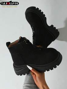 2026 Spring & Autumn New Women's Platform Boots, Front-Zipper Height-Increasing Serrated Sole, British-Style Ankle Boots, Versatile, Slimming & Elevating Ankle Boots, Autumn & Winter Commuter Shoes - Black - View 3