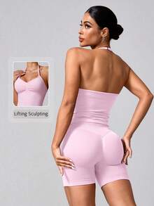 NcmRyu Women's Sexy Solid Color V-Neck Crop Top And Shorts Sports Set