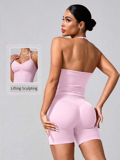 NcmRyu Sexigt set med enfärgad V-ringad Crop Top och shorts för kvinnor