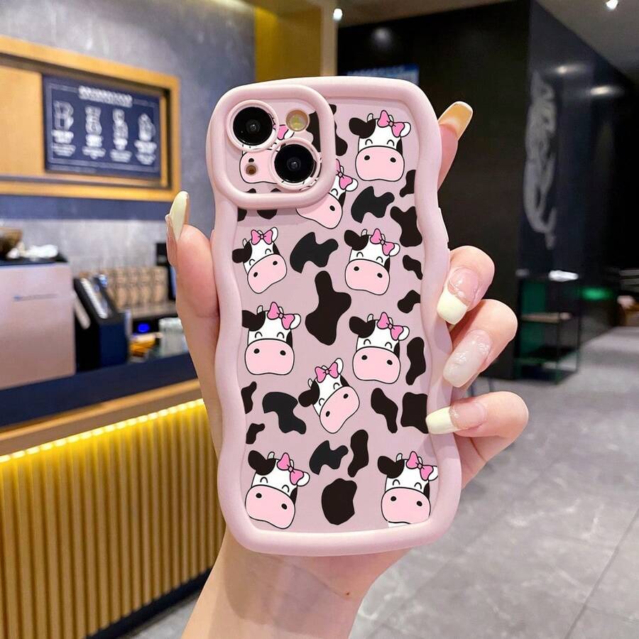 1个可爱奶牛斑点图案防震波浪手机壳,UV印刷,兼容/Galaxy/Infinix/Redmi/OPPO/vivo/MOTO/Realme,国际版,非国内版 - 粉色 - 查看 1