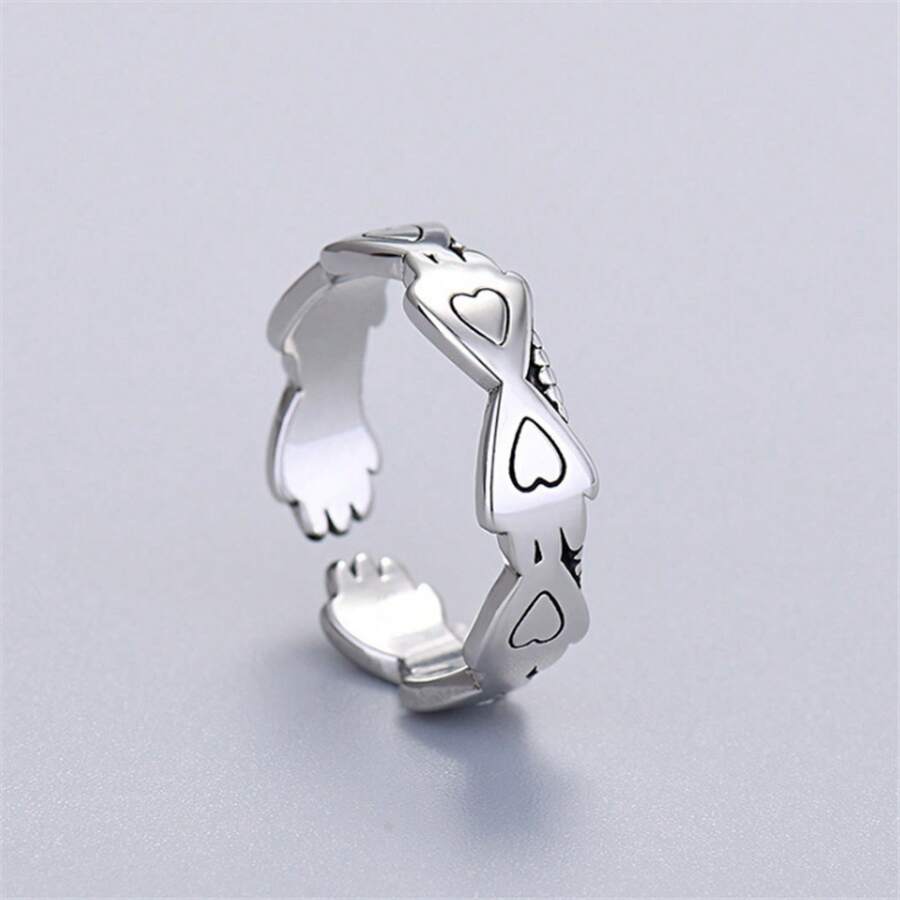 Anillo de corazón de palma de joyería abierta de plata tailandesa retro punk, regalo de cumpleaños para estudiantes - Plata tailandesa vintage envejecida - Ver 1