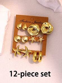 2-12 piezas de pendientes con diseños de flor, gota, redondo, estrella de mar y en forma de C, adecuados para fiestas, vacaciones y uso diario - Dorado - Ver 6