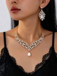 3pcs/Set Elegant Mature Graceful V-Shaped Full Rhinestone Pendant Necklace & Earrings Set, Suitable For Women To Wear To Parties And Gatherings - White - View 7