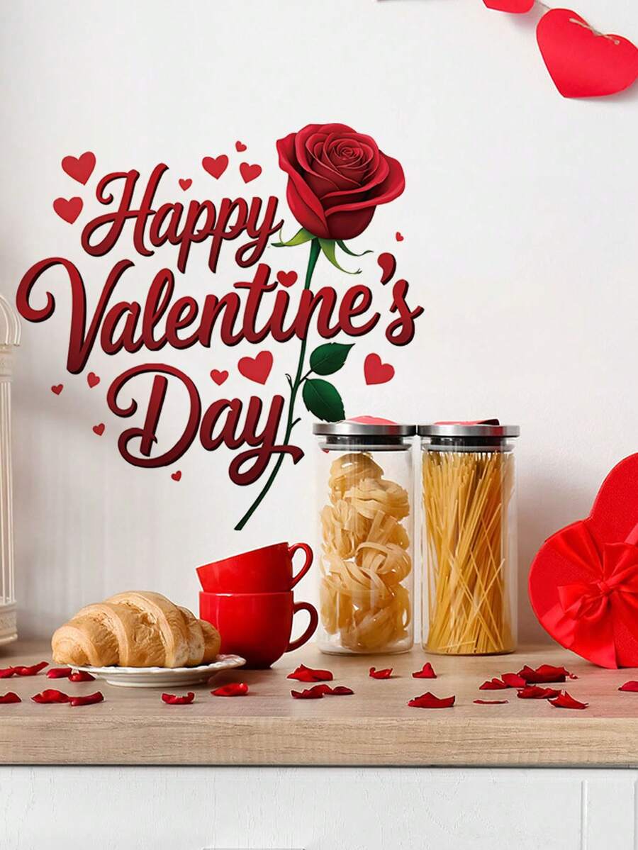 1pc Valentine's Day Wall Sticker, Rose Flower, Heart, Balloon, Creating A Romantic And Warm Holiday Atmosphere, Suitable For Couple's Room, Bedroom, Living Room, Study, Dining Room, Bathroom, Home Wall Decor, Room Decoration, Etc. - Multicolor - View 1