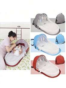 Przenośne, składane łóżeczko turystyczne dla niemowląt, wielofunkcyjny plecak dla mamy z moskitierą, zabawki do spania, miękkie i oddychające łóżeczko turystyczne dla niemowląt, w zestawie materac, prezent dla noworodka - Wielokolorowe - Zobacz 5