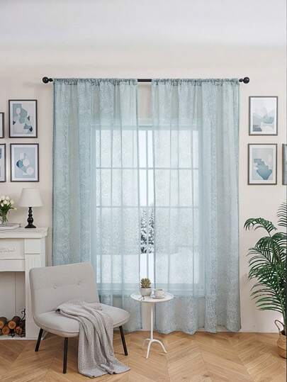 1件蓝白烟花提花窗帘，法式薄纱蕾丝提花图案杆袋式窗帘，适用于卧室、办公室、厨房、客厅、书房