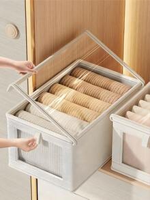 米色亚麻布收纳盒，带盖和透明窗口，可折叠，防潮材质，适用于家庭、宿舍、浴室、旅行，是理想的节日礼物，可收纳衣物、裤子、袜子、内衣、化妆品、学习用品、床上用品等，可堆叠，是衣柜整理的理想之选。 - 彩色 - 查看 1