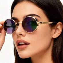 1 Pair Unisex Steampunk Style Round Frame Fashion Glasses, Metal Frame Fashion Eyewear For Men And Women - Gold Frame Gray Film - View 2