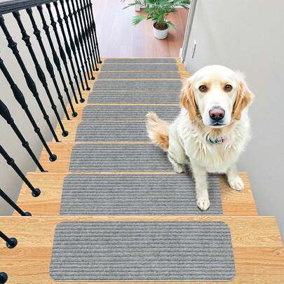15pcs Self-Adhesive Stair Carpet Mats, Striped Non-Slip Soft Stair Tread Protectors, Home Decor, Outdoor Polyester Material Suitable For Wooden Steps, Indoor Floor Mats