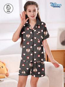 Disney Series Cartoon Butterfly & Heart Print 2-Piece Set, Cute Casual Matching Short Sleeve Top And Elastic Waist Shorts Pajamas For Tween Girls Silk-Like Soft Breathable Fabric Suitable For All Seasons - Black - View 9