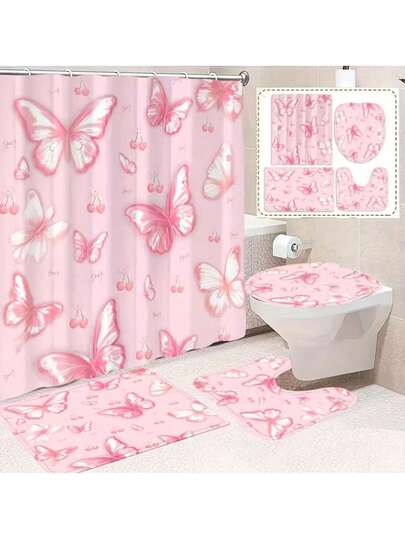 1/4 件套创意粉色蝴蝶樱花浴帘套装，包含防滑地垫、马桶盖套、浴垫、不透明浴帘和 12 个挂钩，高品质浴室装饰及配件，适合各种家具风格，时尚浴室套装，蝴蝶图案，优质面料，完整浴室套装，浴室必备品，女士礼物，乔迁礼物