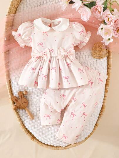 2pcs/Set Newborn Casual Cute Bow Decor Print Short Sleeve Top And Long Pants Outfit Set, Suitable For Daily Wear