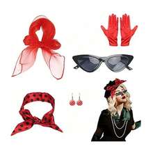 4 sztuki - kostium cosplay na imprezę retro z lat 50., okulary w kocie oczy, opaski na głowę w groszki, kolczyki, kolczyki sztyfty, zestawy akcesoriów, opaski na głowę w groszki z lat 50. - najlepiej sprzedające się opaski na głowę na karnawałową imprezę w groszki, szale jedwabne, okulary, kolczyki sztyfty, kostiumy do odgrywania ról, zestawy balowe, Europa i Ameryka
