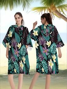 1pc Bohemian Style Tropical Floral Polyester Hooded Poncho, Plus Size Beach Towel - Vibrant Floral Design, Beach Wrap, Soft Polyester Robe, Suitable For Swimming, Travel And Beach Vacation, Unisex Bathrobe Surfing Accessories - Multicolor - View 8
