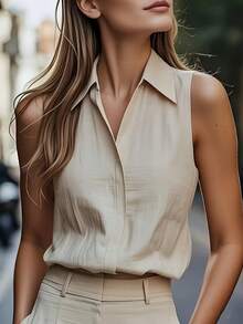 优雅无袖女式衬衫，休闲背心，夏季V领设计，适合办公和休闲场合，透气轻盈面料，衬衫，上衣，夏季必备，时尚度假之选 - 米色 - 查看 1